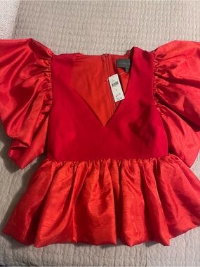 Sunday in Brooklyn Red Puff-Sleeve Peplum Top